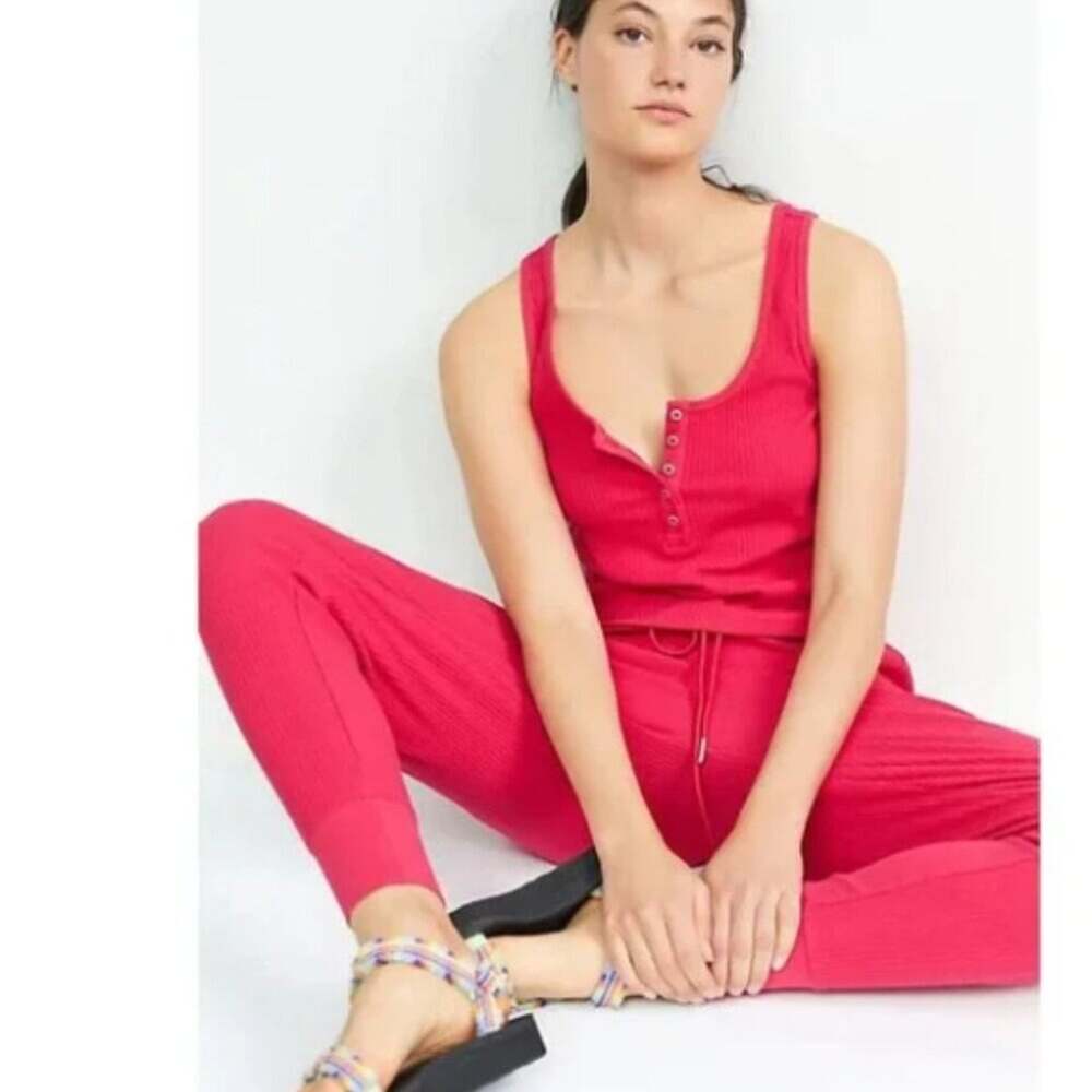 NWOT Anthropologie Daily Practice Henley 2 Piece Lounge Set Hot Pink Size 1X